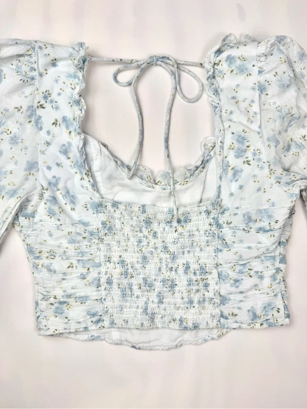 Free People Blue Floral Puff Sleeve Smocked Cottagecore Crop Top‎ XS S